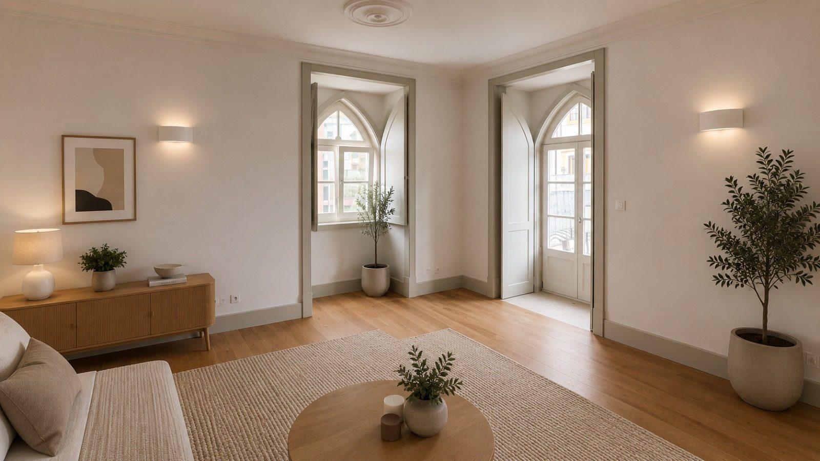 Casa da Coroa — furnished visual of a living room framed by Gothic windows