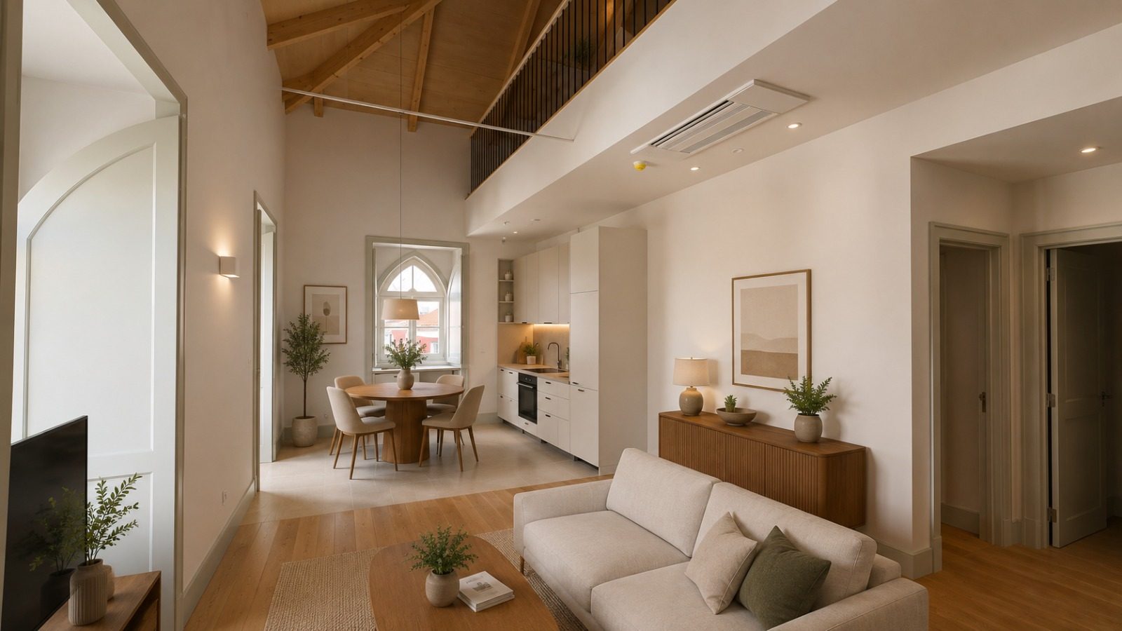 Casa da Coroa — furnished visual of a double-height living room with mezzanine