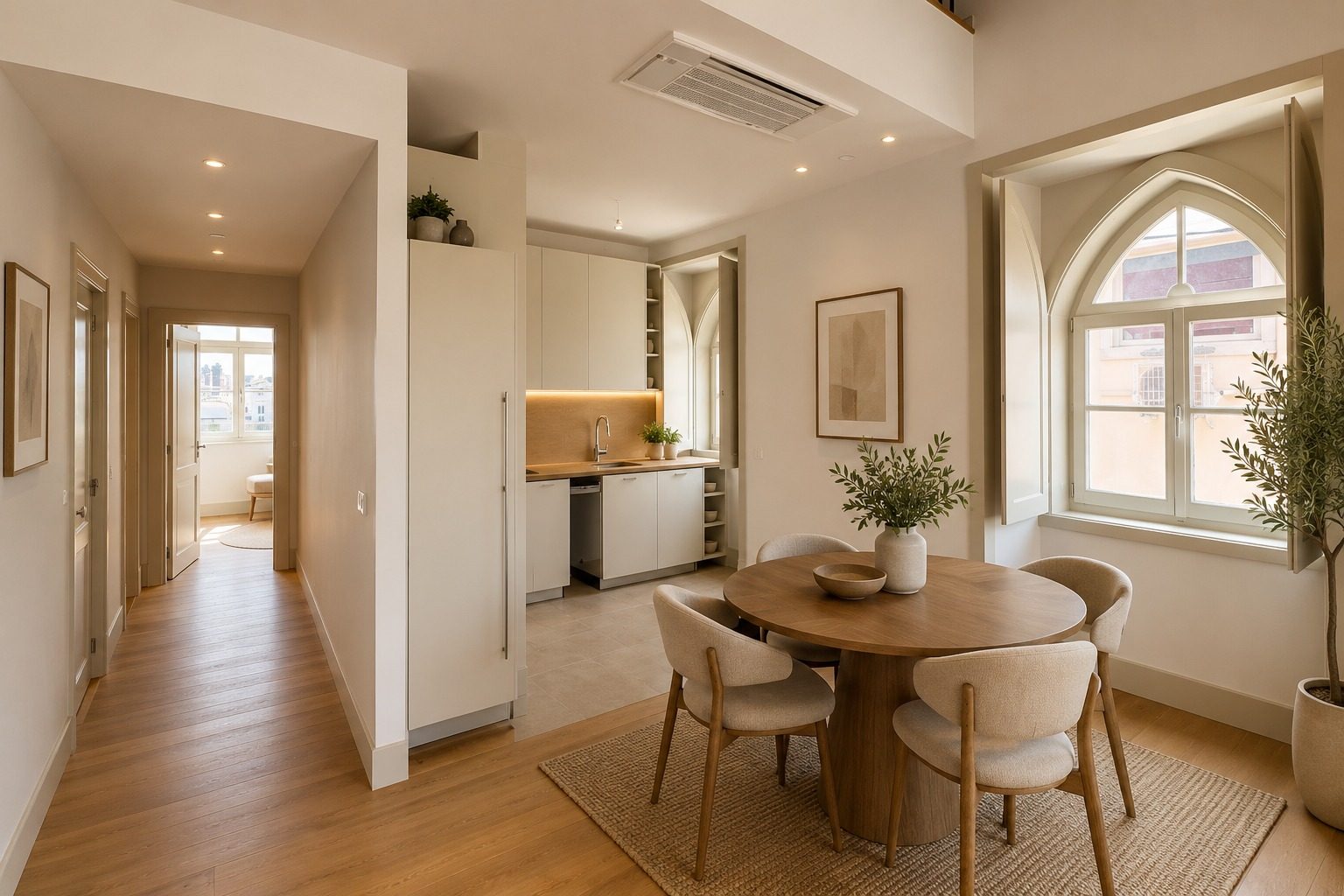 Casa da Coroa — furnished visual of a dining area beside an arched window