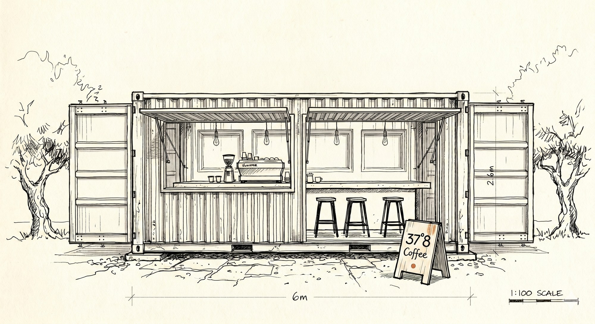 Architectural elevation sketch of 37.8 Coffee — a 6 metre shipping container with both sides folded open, espresso bar, three stools, and an A-board sign, framed by olive trees