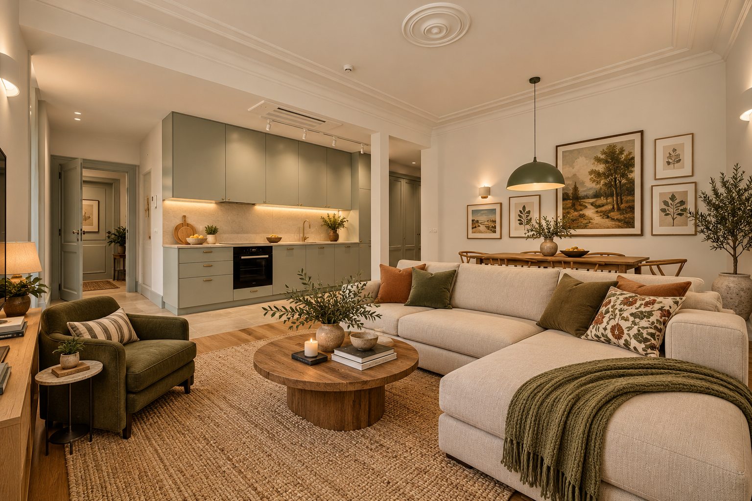 Casa da Coroa T1 — furnished visual of the living room with sofa and dining table