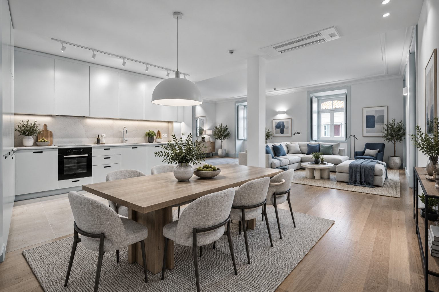 Casa da Coroa T3 duplex — furnished visual of the open kitchen and dining area