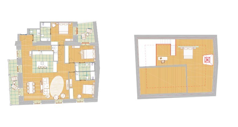 Casa da Coroa first-floor T3+1 — floor plan of the main level and the mezzanine